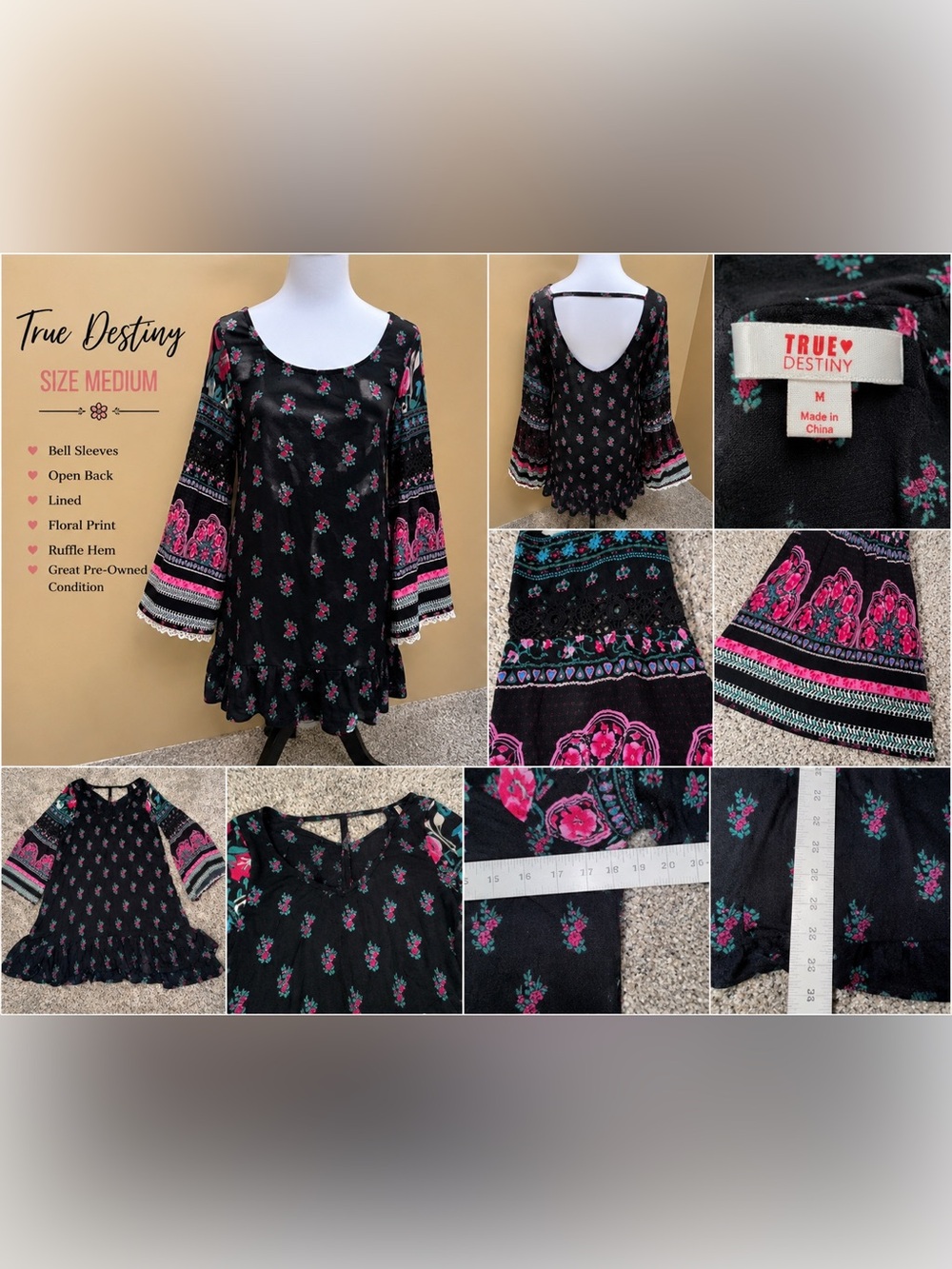 True Destiny Boho Floral Bell Sleeve Mini Dress Black Pink Size Medium